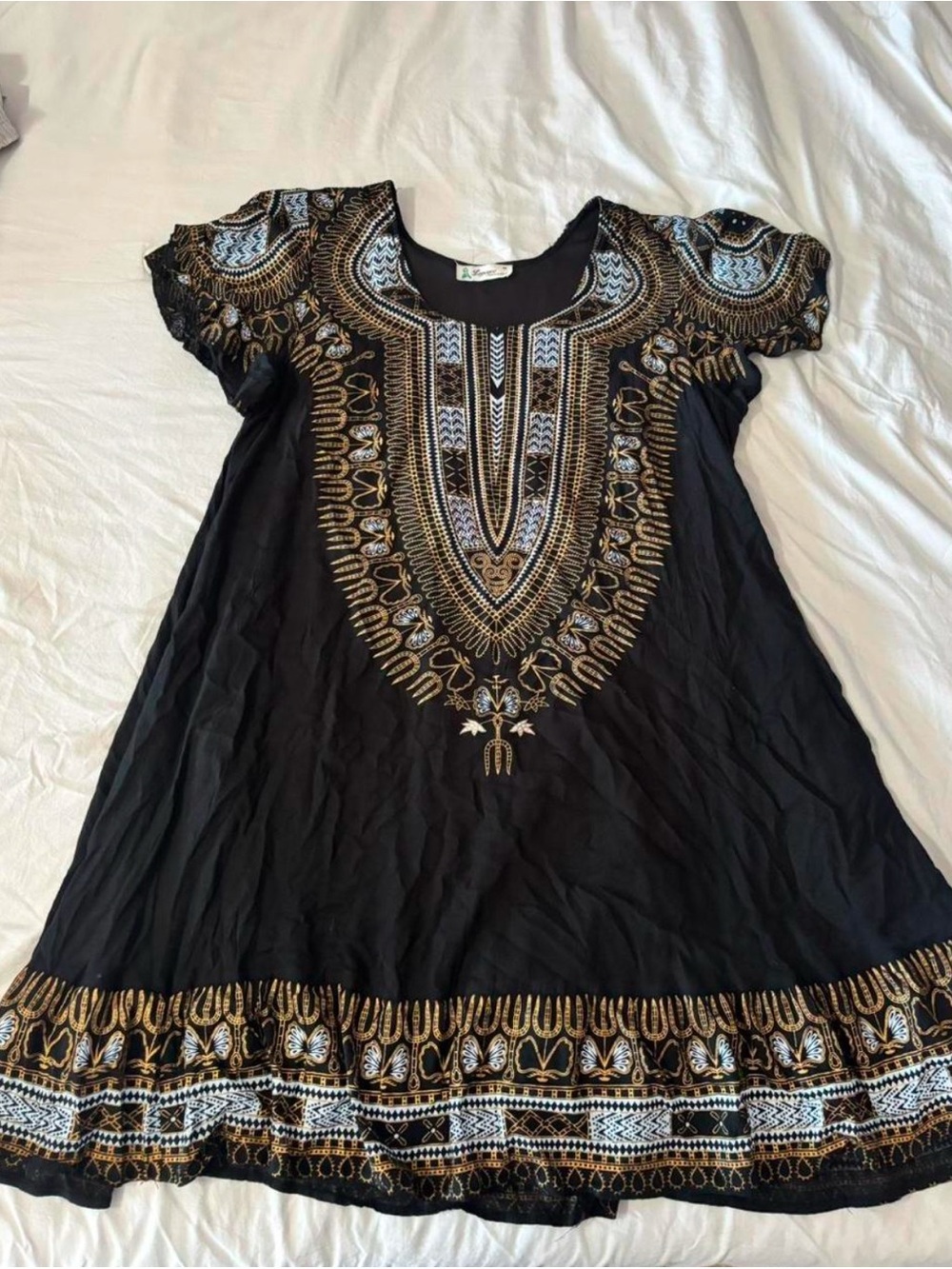 Black Short-Sleeve Embroidered Mini Dress with Gold & White Accents
